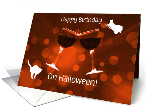 Happy Halloween Birthday Custom Cover WIne Witch and Cat Fun card