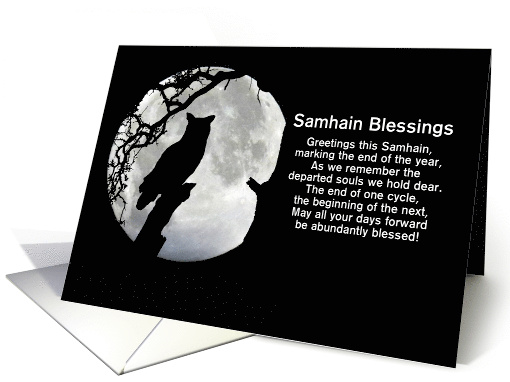 Samhain Custom Cover with Owl Oak and Full Moon Blessings Poem card