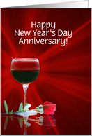 New Year’s Day Anniversary Romance Glass of Red Wine and Rose Custom card