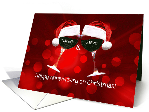 Anniversary on Christmas Custom Name Cute Toasting Wine Glasses card