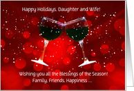 Daughter and Wife Happy Holidays Funny Custom Wine Toasting Snow card