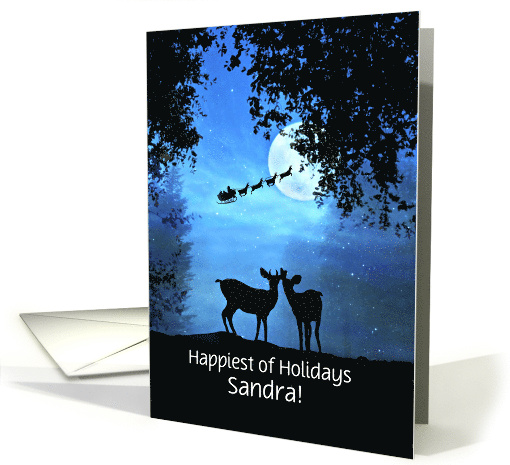 Holiday Custom Name Cute Deer in the Moonlight with Santa card