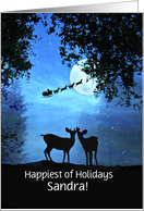 Holiday Custom Name Cute Deer in the Moonlight with Santa card