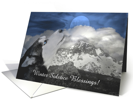 Winter Solstice Husky Dog Snowy Mountains Moon Customizable card
