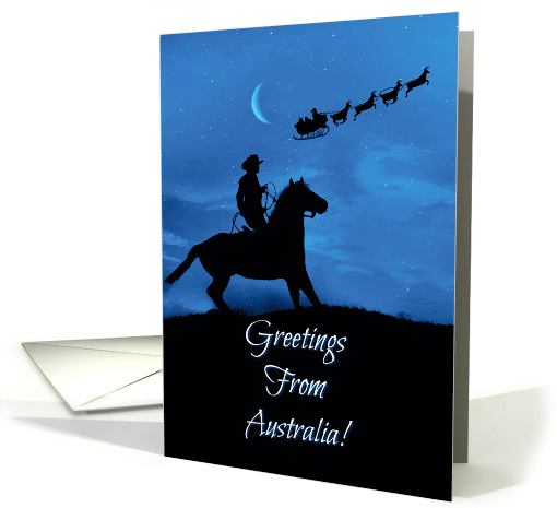 Australia Happy Holidays Cute Cowboy and Santa Sleigh Christmas card
