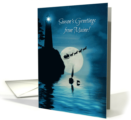 Maine Season's Greetings Holiday with Lighthouse Sailboat Dolphin card