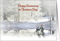 Anniversary on Christmas with Cute Penguins in the Snow card