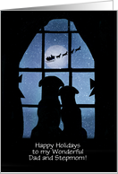 Father and Stepmother Happy Holidays Cute Custom Front Dogs Santa card
