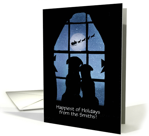 Happy Holidays Custom Name Cute Dogs Watching Santa from Window card