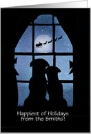Happy Holidays Custom Name Cute Dogs Watching Santa from Window card