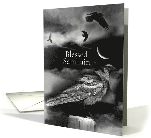 Samhain Ravens Crows with Crescent Moon Spiritual Mystical card