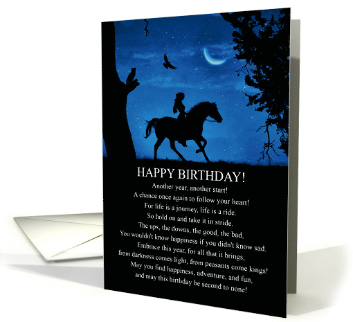Birthday Girl and Horse With Moon Owl Raven and Birthday Poem card