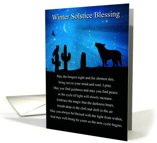 Winter Solstice with Owl Coyote and Raven Cactus Southwesten Poem card