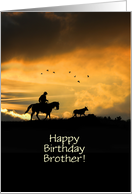 Brother Happy Birthday With Cowboy Riding in Sunset and Steer Custom card