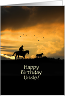 Uncle Birthday With Cowboy Riding in Sunset and Steer Custom card