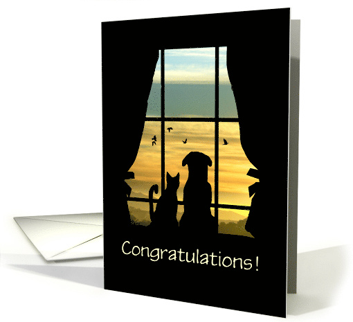New Home Congratulations Cute Dog and Cat In Window Custom Text card
