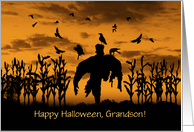 Grandson Custom Halloween with Scarecrow and Ravens Spooky card