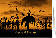 Halloween Scary Creepy Spooky Scarecrow in Field with Crows Custom card