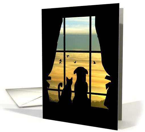 We Miss You Dog and Cat in Window at Sunset With Birds card (1725592)