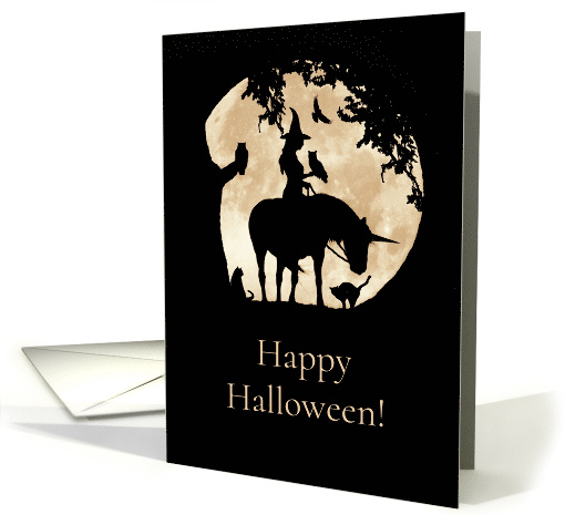 Halloween Witch Mystic Magic with Unicorn and Cats Owl Raven Moon card