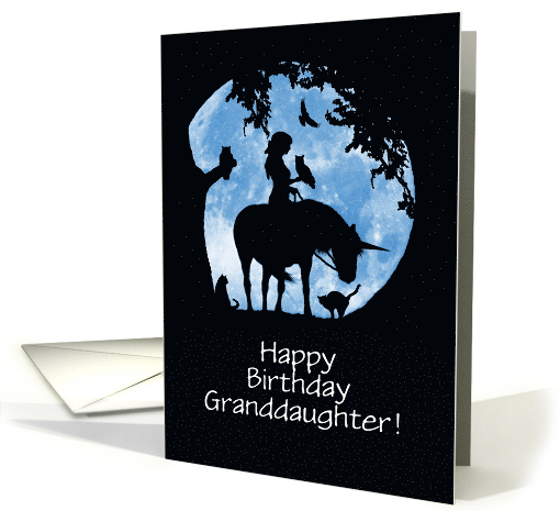 Granddaughter Cute Fantasy Animals Unicorn and Girl Custom Text card