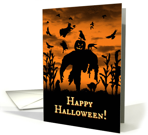 Halloween Cool Corn Field with Scarecrow and Ravens Crow card