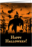 Halloween Cool Corn Field with Scarecrow and Ravens Crow card