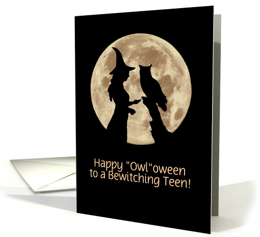Teenager Happy Halloween with Owl Moon and Witch Customizeable card