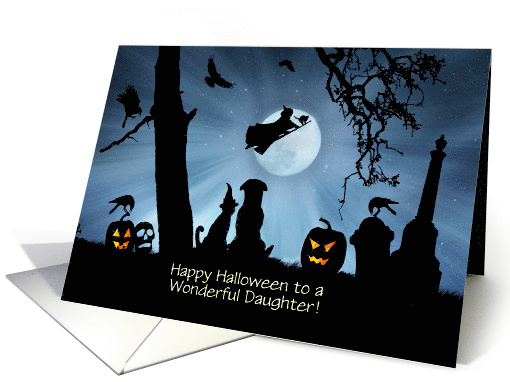 Daughter Cute Halloween Witch Black Cats Dog and Pumpkins Custom card
