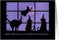 House Sitter Happy Halloween With Cats in Window and Witch Custom card