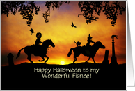 Fiance Happy Halloween Cute Couple Riding Horses Custom Text card