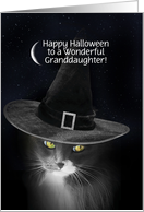 Granddaughter Halloween Custom Cute Cat with Witch Hat Stars and Moon card