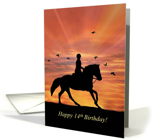 14th Birthday with Girl Riding a Horse in the Sunset Pretty card