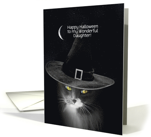 Daughter Happy Halloween Cute Witchy Cat with Moon Custom Cover card