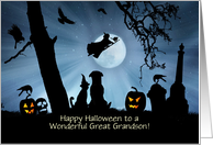 Great Grandson Halloween Custom Text Dog and Cat with Witch Ravens card