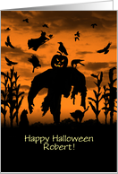 Halloween Spooky Custom Name Scarecrow and Cornfield with Witch card