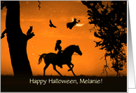 Halloween Custom Name Cute Girl and Horse Halloween Night With Witch card