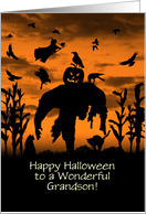 Grandson Happy Halloween Scarecrow Witch Ravens and Cats Custom card