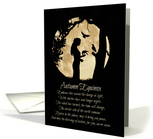 Autumn Equinox Mabon Full Moon Oak Tree Ravens and Girl Blessing card