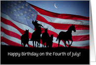 4th of July Happy Birthday with Flag Wild Horses and Cowboy Custom card