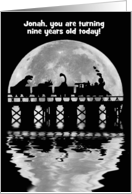 9th Birthday Train with Dinosaurs Fantasy Custom Text card