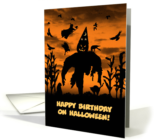 Halloween Birthday Cute Custom Scarecrow with Party Hat and Witch card