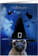Halloween Pug with Witches and Ravens and Moon card