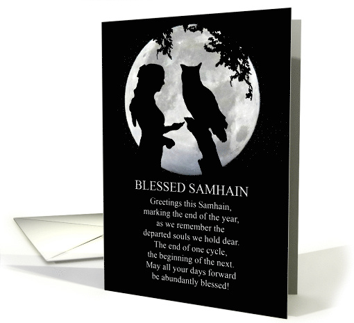 Samhain Sabbat with Girl and Owl In Silver Moonlight card (1736698)