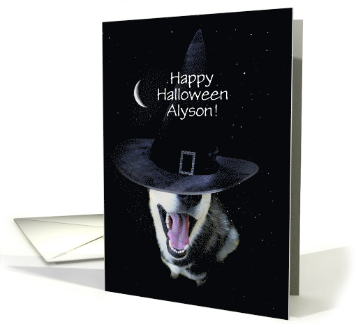 Halloween Witchy Custom Name with Cute Husky and Moon Stras card