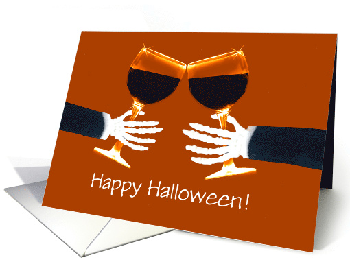 Halloween Humorous Wine and Skeletons Toasting Customizable card