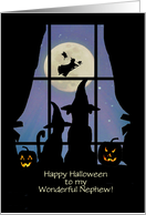 Nephew Halloween With Cute Dog and Cat in Window Custom Text card