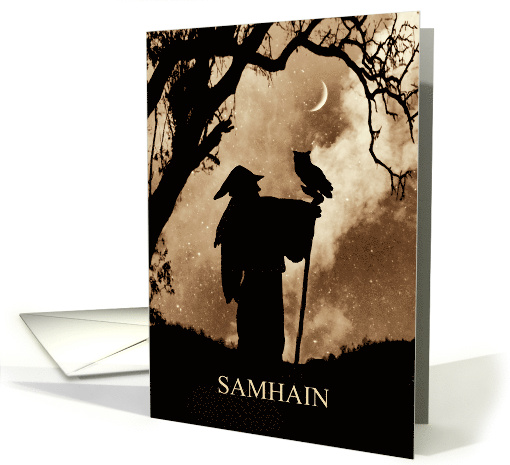 Samhain with Mystical Wizard or Magician and Owl with Moon card