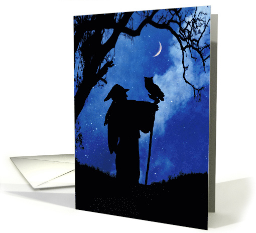 Mystical Magical Birthday with Wizard and Owl Crescent Moon card