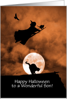 Son Happy Halloween with Witch and Cat Customizable card